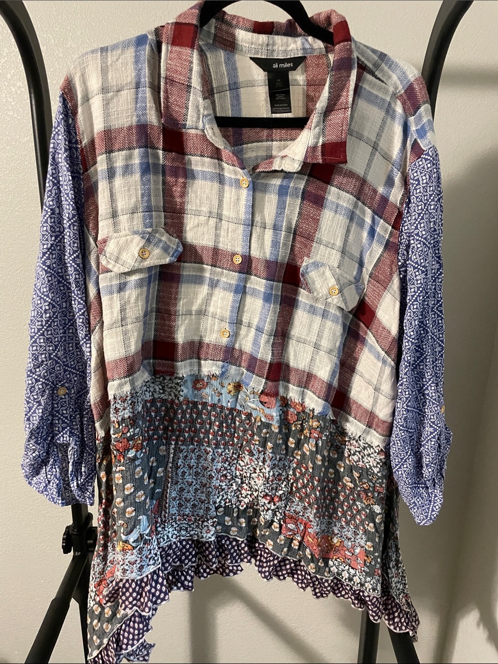 Ali Miles Mixed-Print Tunic in White, Blue, Red, Navy